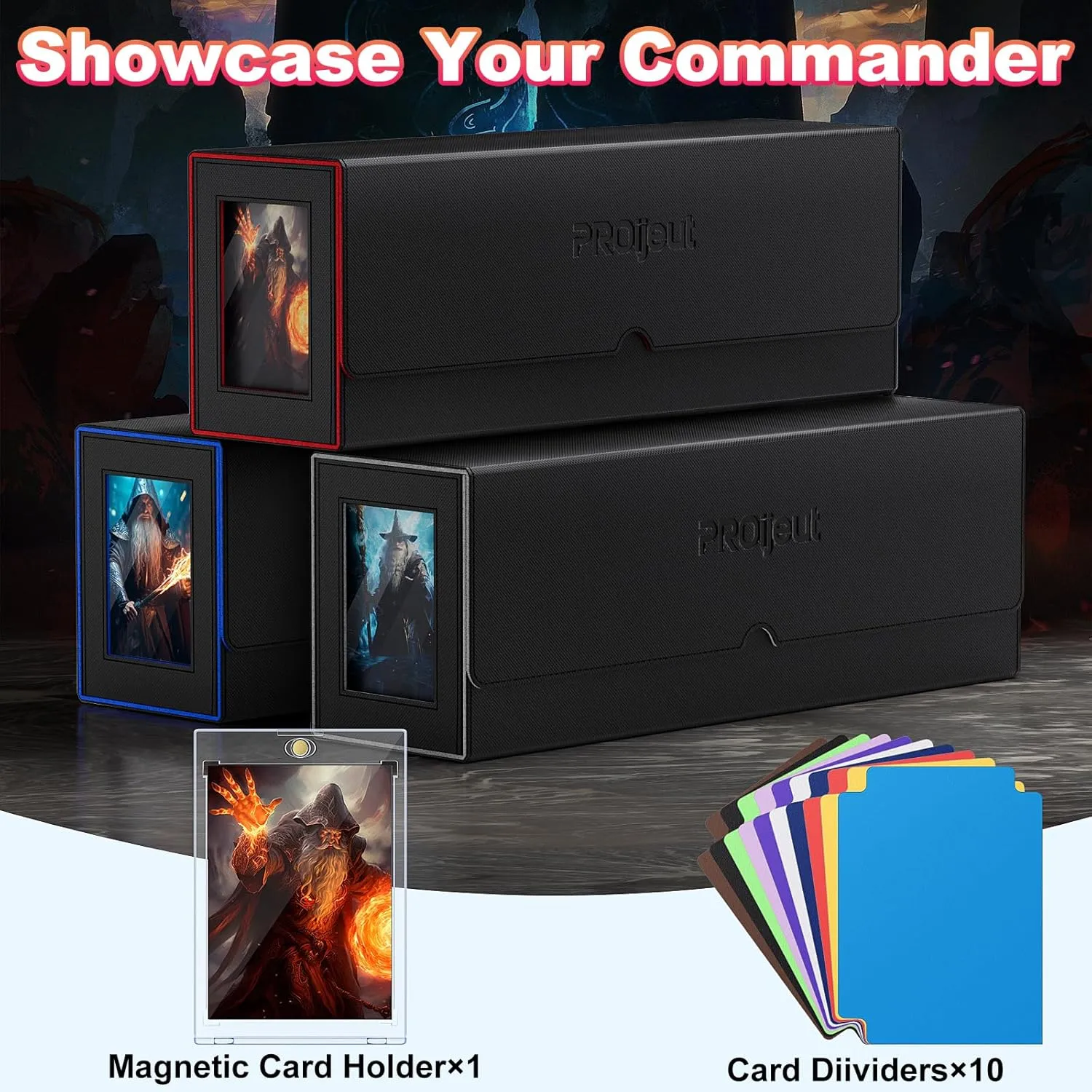 5 IN 1 Card Deck Box with Commander Display, Holds 800  Cards, Includes 35pt Magnetic Card Holder and 10 Colorful Dividers(Black&Grey)