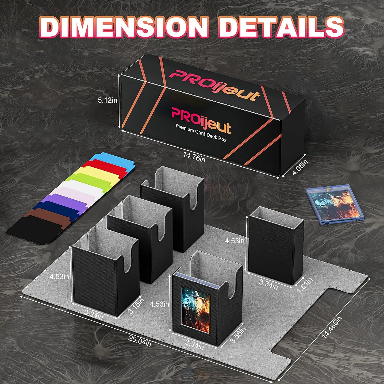 5 IN 1 Card Deck Box with Commander Display, Holds 800  Cards, Includes 35pt Magnetic Card Holder and 10 Colorful Dividers(Black&Grey)