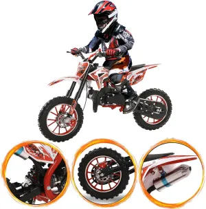 50cc Kids Dirt Bike, 2-Stroke Gas Dirt Bike, Gas Bike for Kids 8-14, Gas Power Pocket Rocket Bike,Gas Motorcycle with Front Rear Disc Brakes, Off Road Motorcycle Max Load 330Lbs Red