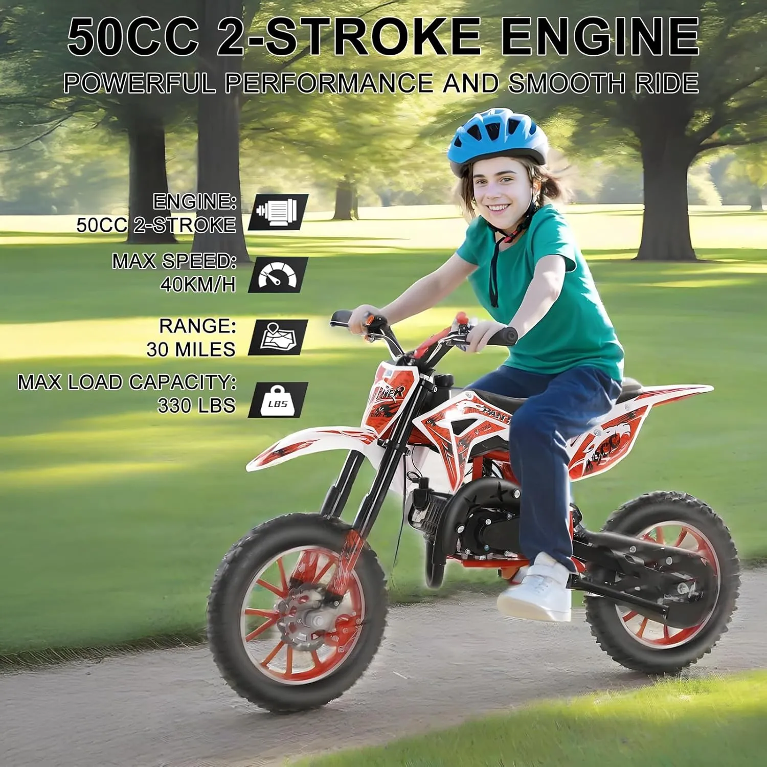 50cc Kids Dirt Bike, 2-Stroke Gas Dirt Bike, Gas Bike for Kids 8-14, Gas Power Pocket Rocket Bike,Gas Motorcycle with Front Rear Disc Brakes, Off Road Motorcycle Max Load 330Lbs Red