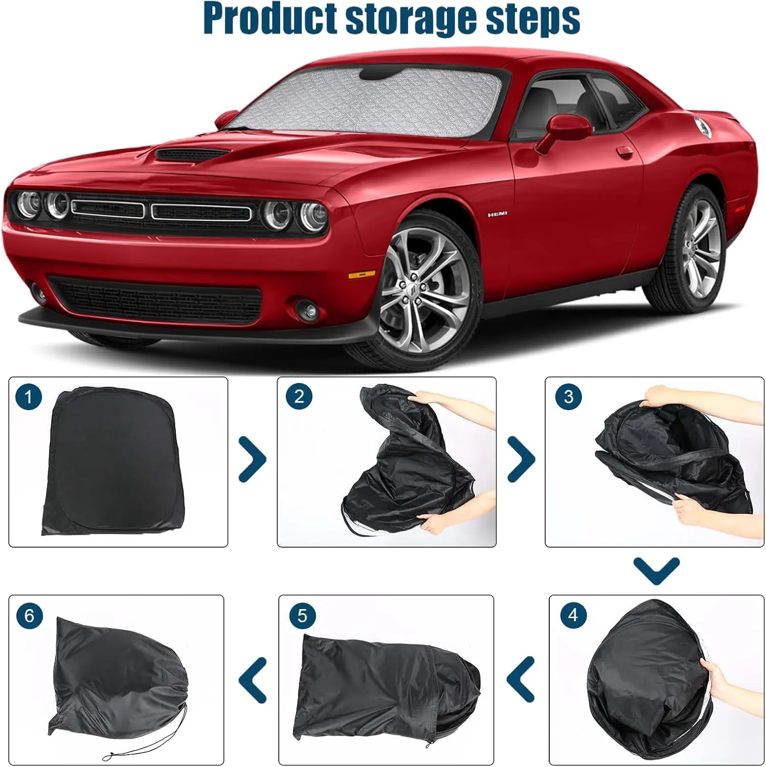 6 Layers Custom Fit Windshield Sun Shade for 2008-2023 Dodge Challenger, Foldable Car Sunshade with Storage Bag, Heat Reflective & UV Protection