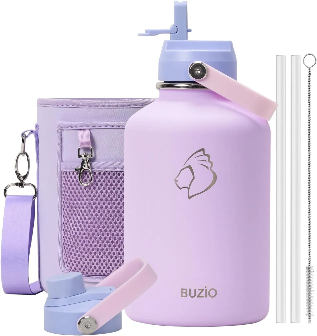 64oz Insulated Water Bottle, BUZIO Half Gallon Water Jug Stainless Steel with Straw Lid and Carrying Pouch, Keep Cold 48h Lead-Free Double Wall Vacuum Thermo Metal Canteen for Gym Camping, Purple