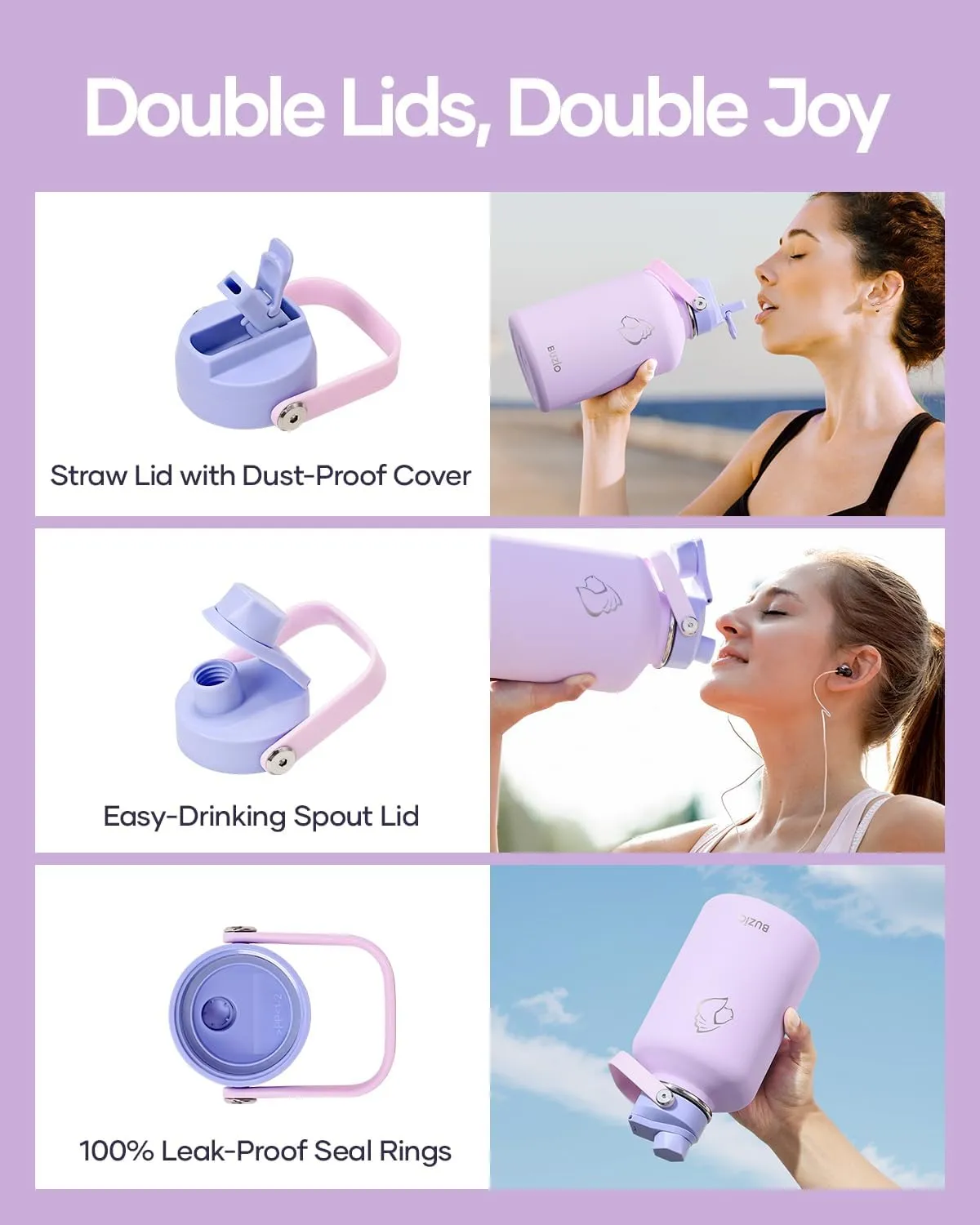 64oz Insulated Water Bottle, BUZIO Half Gallon Water Jug Stainless Steel with Straw Lid and Carrying Pouch, Keep Cold 48h Lead-Free Double Wall Vacuum Thermo Metal Canteen for Gym Camping, Purple