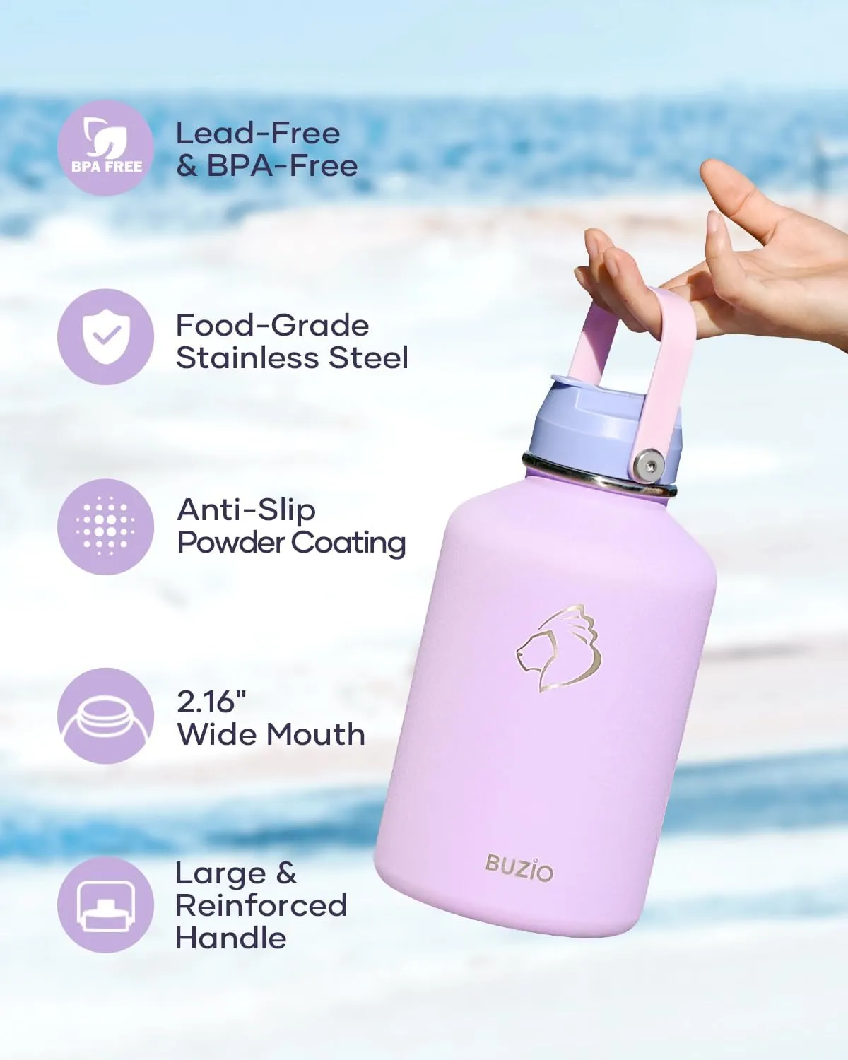 64oz Insulated Water Bottle, BUZIO Half Gallon Water Jug Stainless Steel with Straw Lid and Carrying Pouch, Keep Cold 48h Lead-Free Double Wall Vacuum Thermo Metal Canteen for Gym Camping, Purple