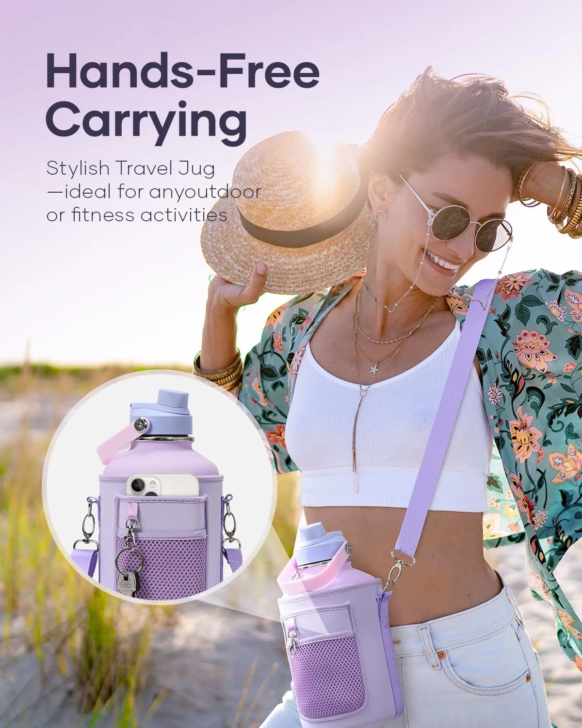 64oz Insulated Water Bottle, BUZIO Half Gallon Water Jug Stainless Steel with Straw Lid and Carrying Pouch, Keep Cold 48h Lead-Free Double Wall Vacuum Thermo Metal Canteen for Gym Camping, Purple