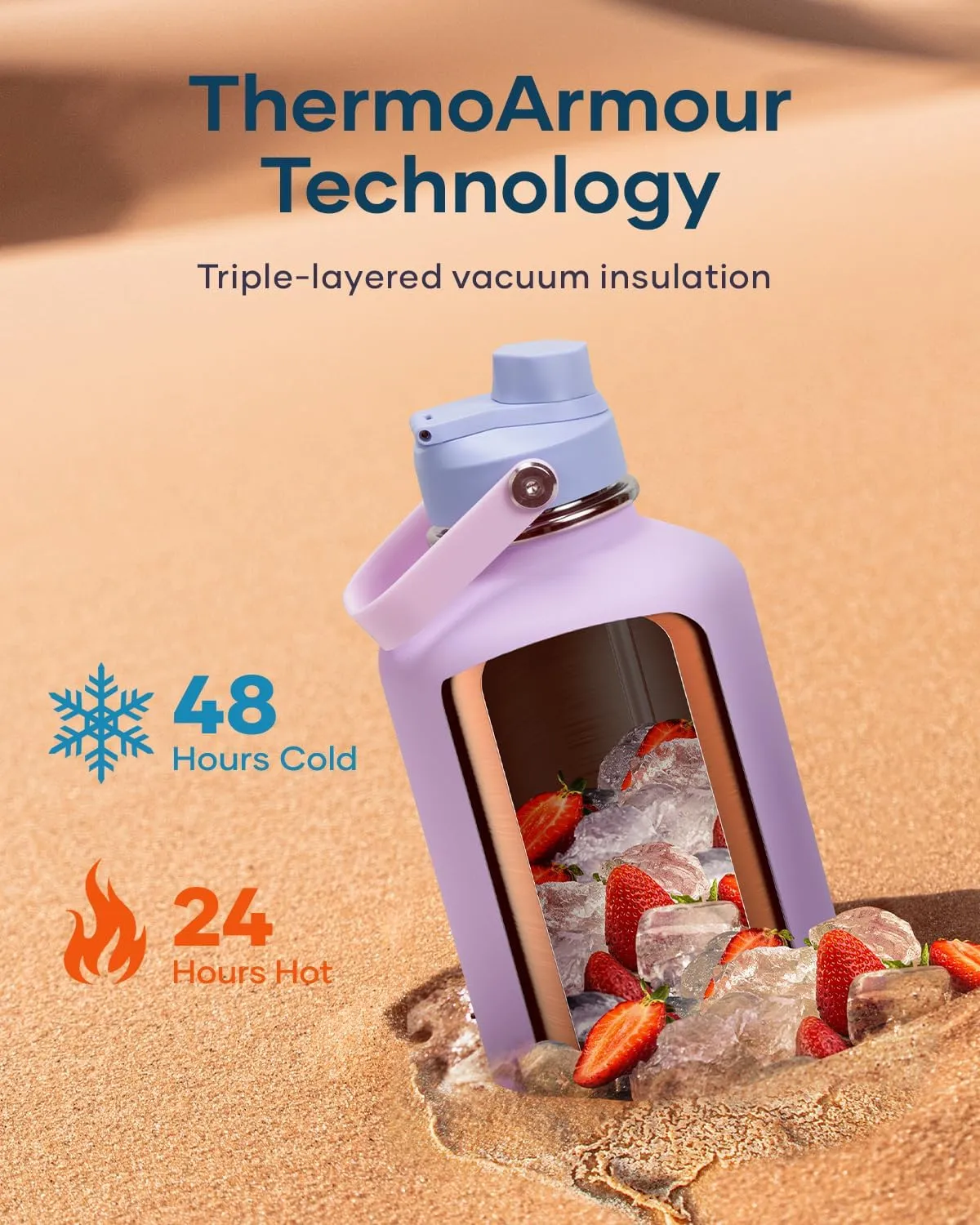 64oz Insulated Water Bottle, BUZIO Half Gallon Water Jug Stainless Steel with Straw Lid and Carrying Pouch, Keep Cold 48h Lead-Free Double Wall Vacuum Thermo Metal Canteen for Gym Camping, Purple