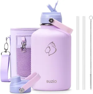 64oz Insulated Water Bottle, BUZIO Half Gallon Water Jug Stainless Steel with Straw Lid and Carrying Pouch, Keep Cold 48h Lead-Free Double Wall Vacuum Thermo Metal Canteen for Gym Camping, Purple