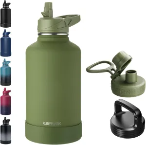 64oz Insulated Water Bottle with Straw, Half Gallon Stainless Steel Vacuum Water Jug, Large Thermos Water Bottle Flask with Leakproof 3 Lids for Travel, Camping, Gym Sports Armygreen