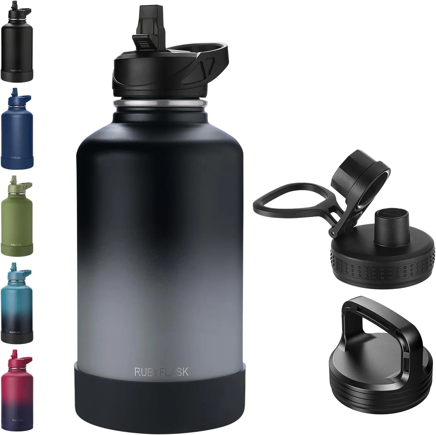 64oz Insulated Water Bottle with Straw, Half Gallon Stainless Steel Vacuum Water Jug, Large Thermos Water Bottle Flask with Leakproof 3 Lids for Travel, Camping, Gym Sports Black Gray