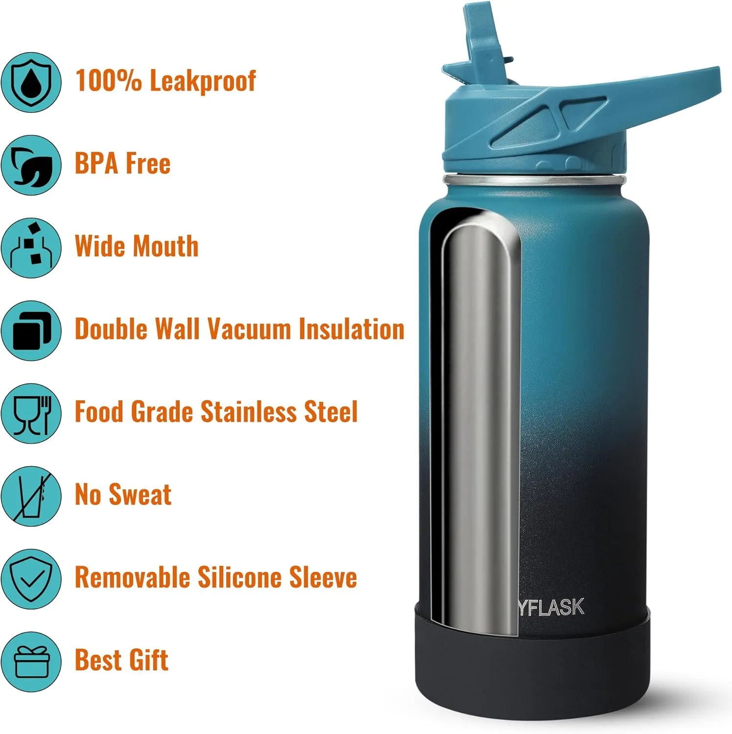 64oz Insulated Water Bottle with Straw, Half Gallon Stainless Steel Vacuum Water Jug, Large Thermos Water Bottle Flask with Leakproof 3 Lids for Travel, Camping, Gym Sports Black Gray