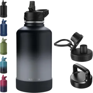 64oz Insulated Water Bottle with Straw, Half Gallon Stainless Steel Vacuum Water Jug, Large Thermos Water Bottle Flask with Leakproof 3 Lids for Travel, Camping, Gym Sports Black Gray