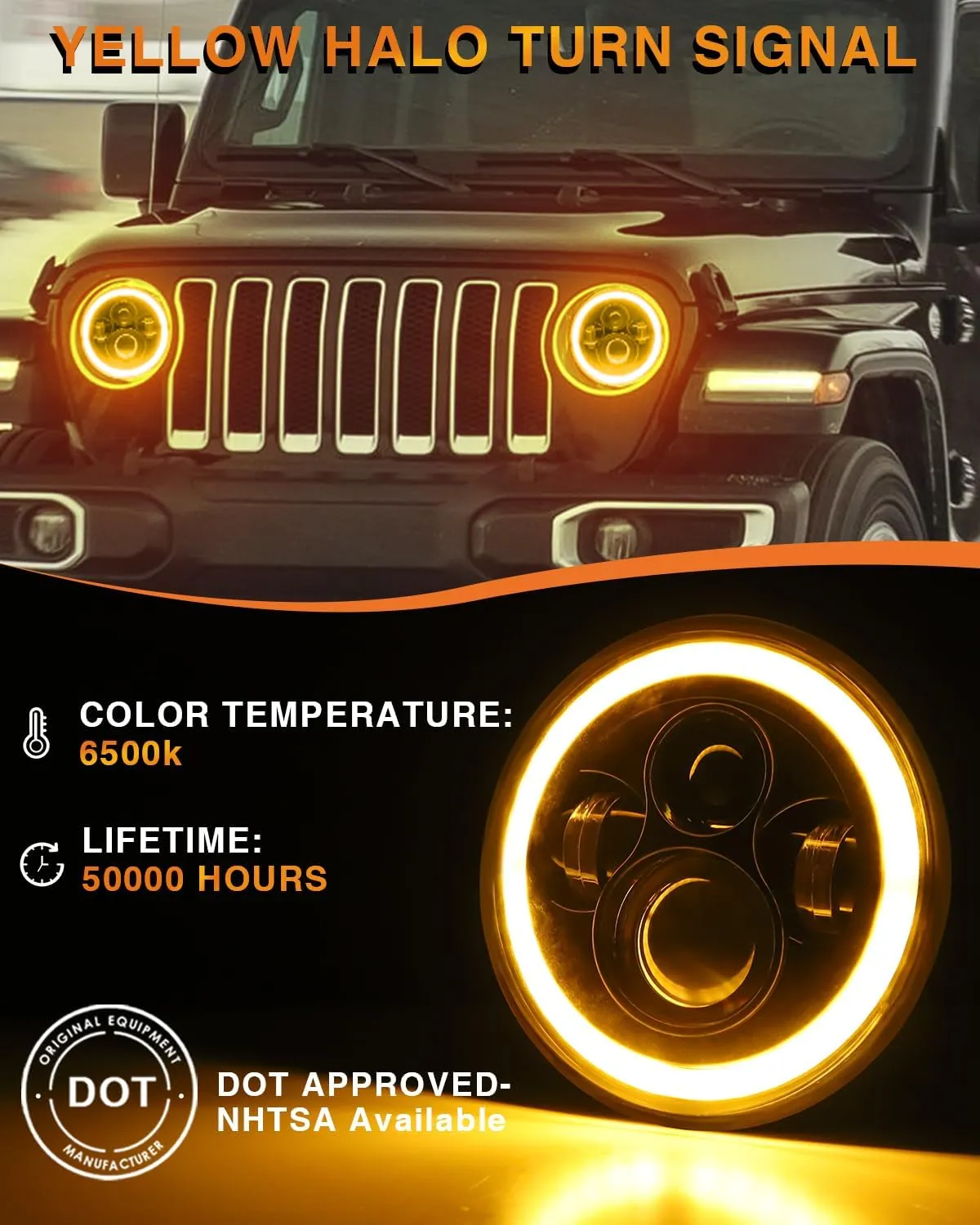 7 Inch Round Headlights DOT Approved Brighter Jeep LED Headlight Amber Halo Hi/Low Sealed Beam H6024 LED Headlight Compatible With Ford Chevy Miata Jeep Wrangler JK TJ LJ CJ Hummer H1 H2 etc