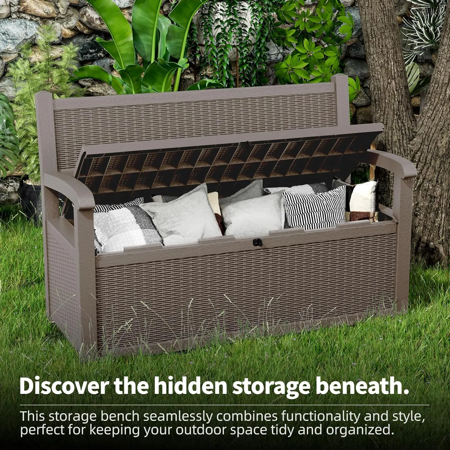 70 Gallon Storage Bench Deck Box Waterproof Lockable,Outdoor Storage Furniture for Patio,Garden and Cushions(Light Brown)