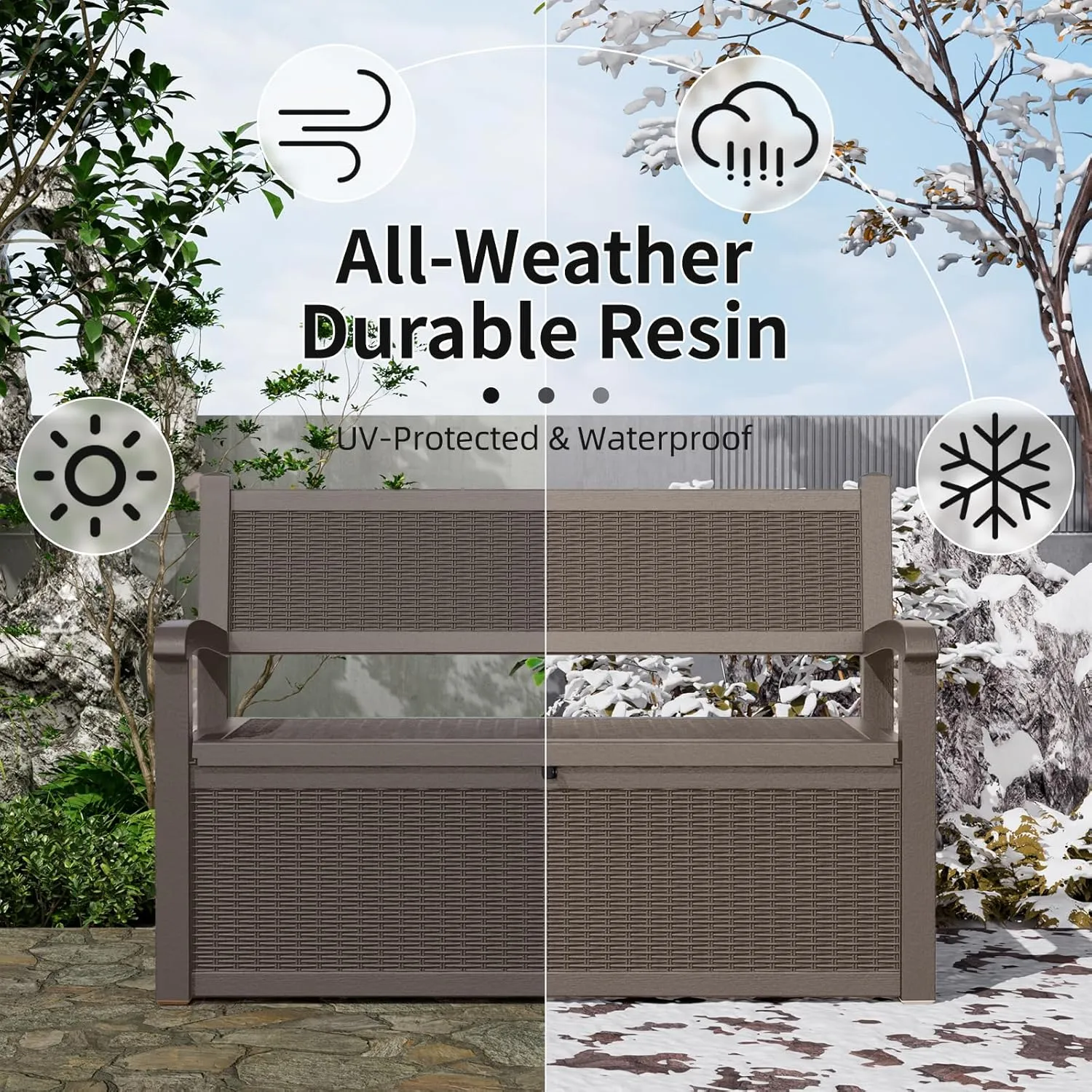70 Gallon Storage Bench Deck Box Waterproof Lockable,Outdoor Storage Furniture for Patio,Garden and Cushions(Light Brown)