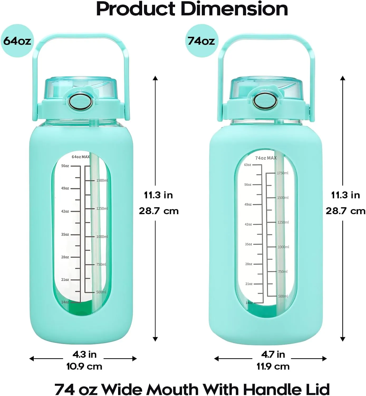 74 oz Glass Water Bolttles with Straw Large Motivational Water Bottle with Time Marker Sports Water Bottles with Silicone Sleeve and Handle Lid 2.2L Water Jug for Gym Workout