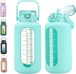 74 oz Glass Water Bolttles with Straw Large Motivational Water Bottle with Time Marker Sports Water Bottles with Silicone Sleeve and Handle Lid 2.2L Water Jug for Gym Workout