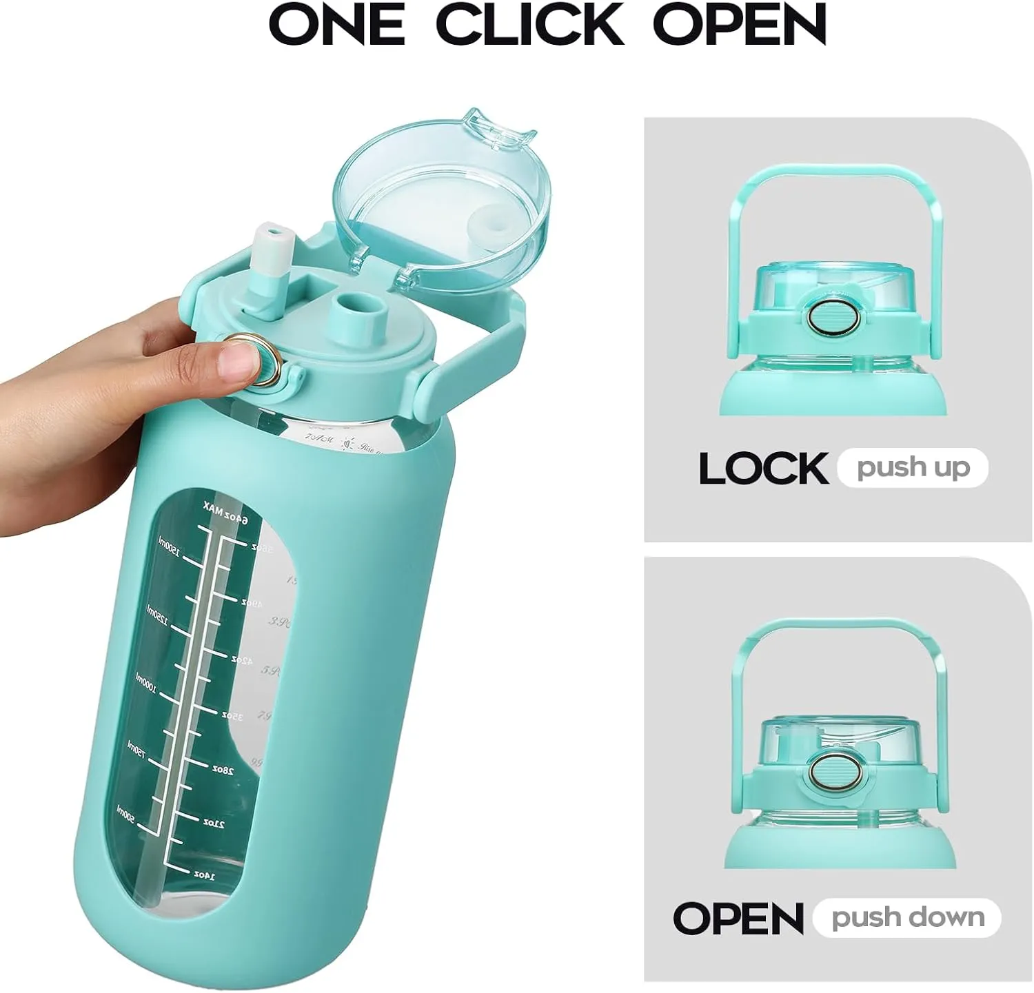 74 oz Glass Water Bolttles with Straw Large Motivational Water Bottle with Time Marker Sports Water Bottles with Silicone Sleeve and Handle Lid 2.2L Water Jug for Gym Workout