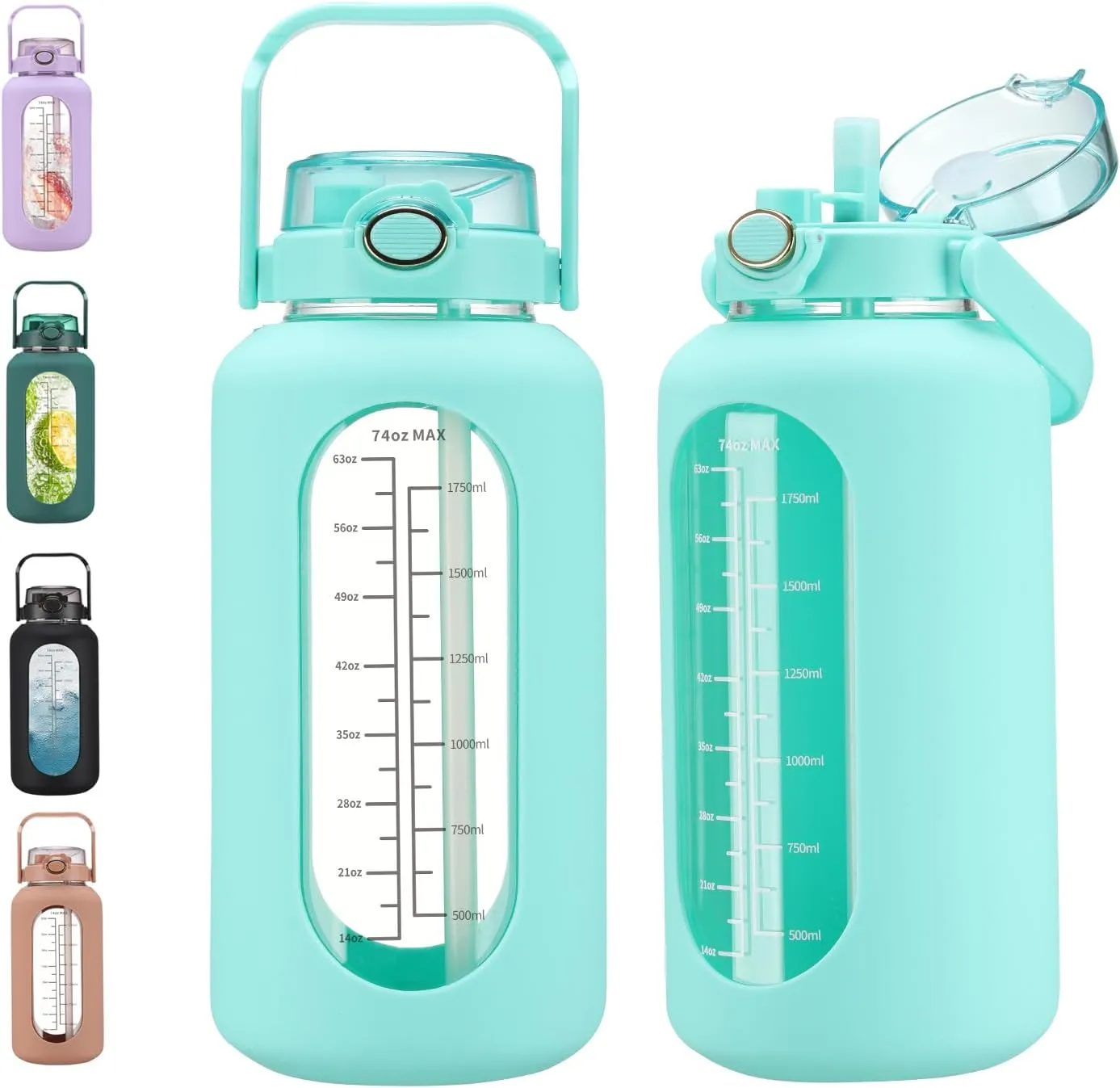 74 oz Glass Water Bolttles with Straw Large Motivational Water Bottle with Time Marker Sports Water Bottles with Silicone Sleeve and Handle Lid 2.2L Water Jug for Gym Workout