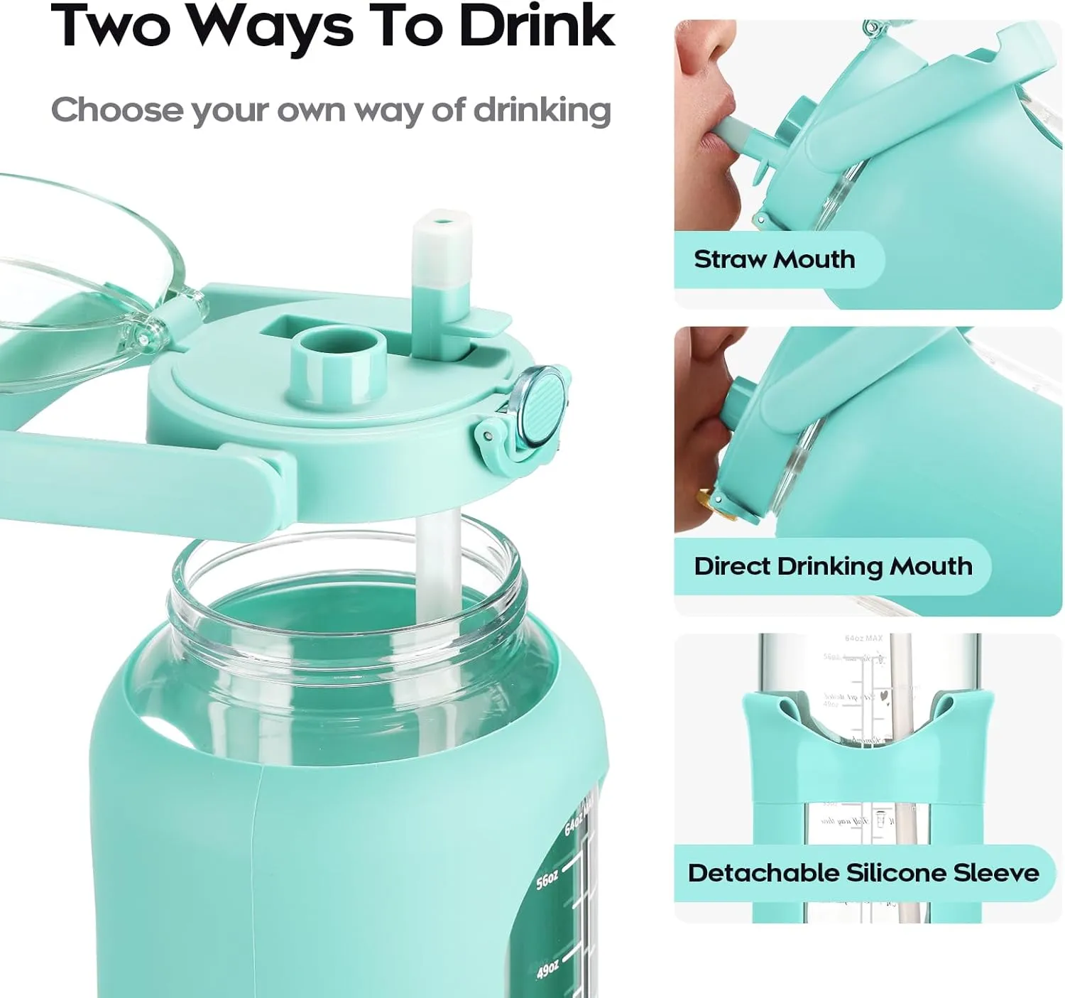 74 oz Glass Water Bolttles with Straw Large Motivational Water Bottle with Time Marker Sports Water Bottles with Silicone Sleeve and Handle Lid 2.2L Water Jug for Gym Workout