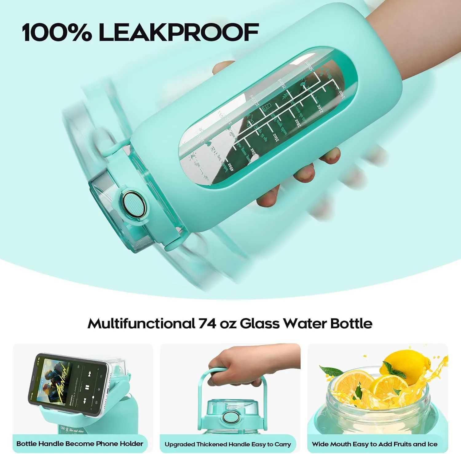 74 oz Glass Water Bolttles with Straw Large Motivational Water Bottle with Time Marker Sports Water Bottles with Silicone Sleeve and Handle Lid 2.2L Water Jug for Gym Workout