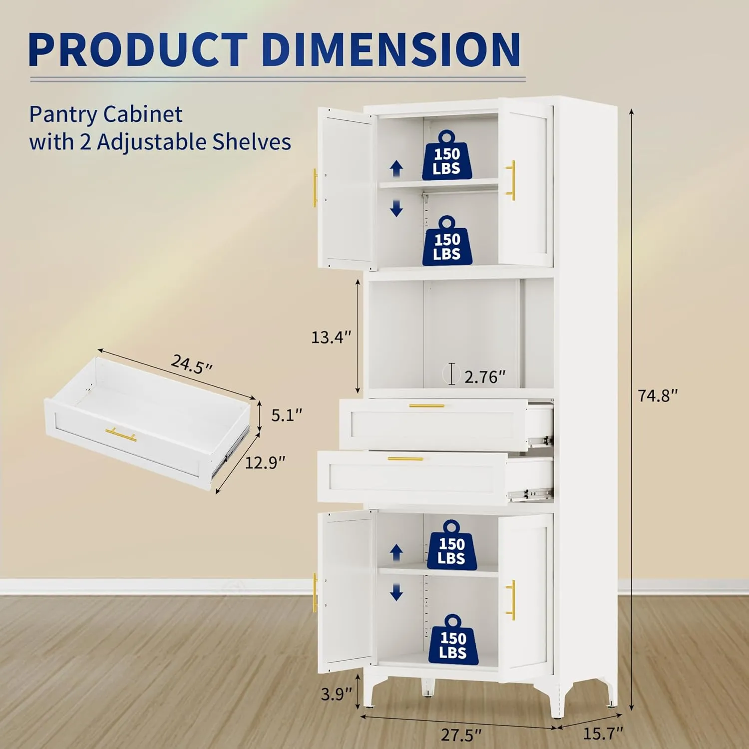 75” Tall Kitchen Pantry Storage Cabinet, Metal Storage Cabinet with 2 Drawers and Adjustable Shelves, Kitchen Pantry Cupboard, Freestanding Cupboard for Bathroom, Living Room (White)