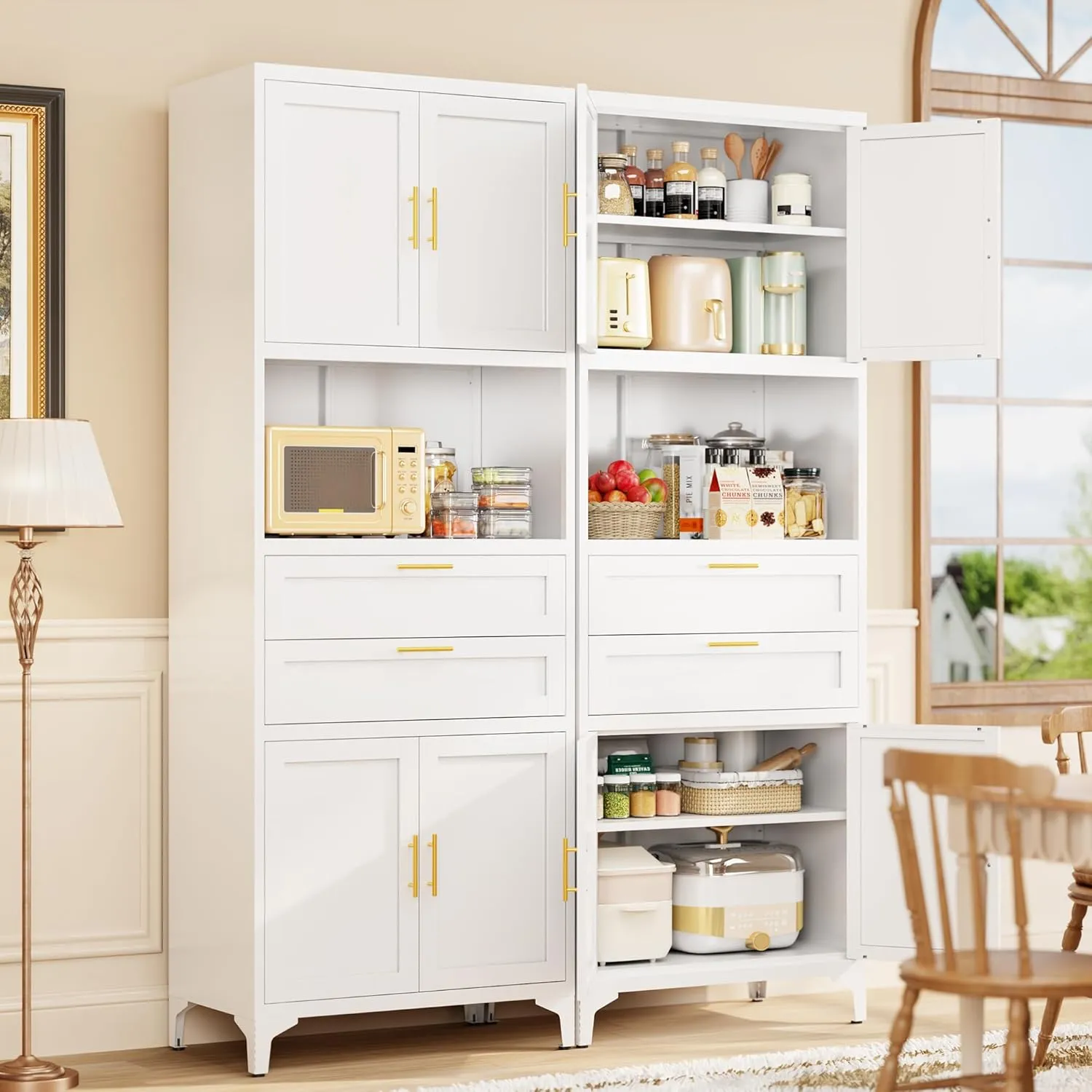 75” Tall Kitchen Pantry Storage Cabinet, Metal Storage Cabinet with 2 Drawers and Adjustable Shelves, Kitchen Pantry Cupboard, Freestanding Cupboard for Bathroom, Living Room (White)