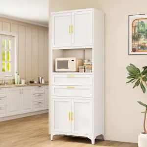 75” Tall Kitchen Pantry Storage Cabinet, Metal Storage Cabinet with 2 Drawers and Adjustable Shelves, Kitchen Pantry Cupboard, Freestanding Cupboard for Bathroom, Living Room (White)