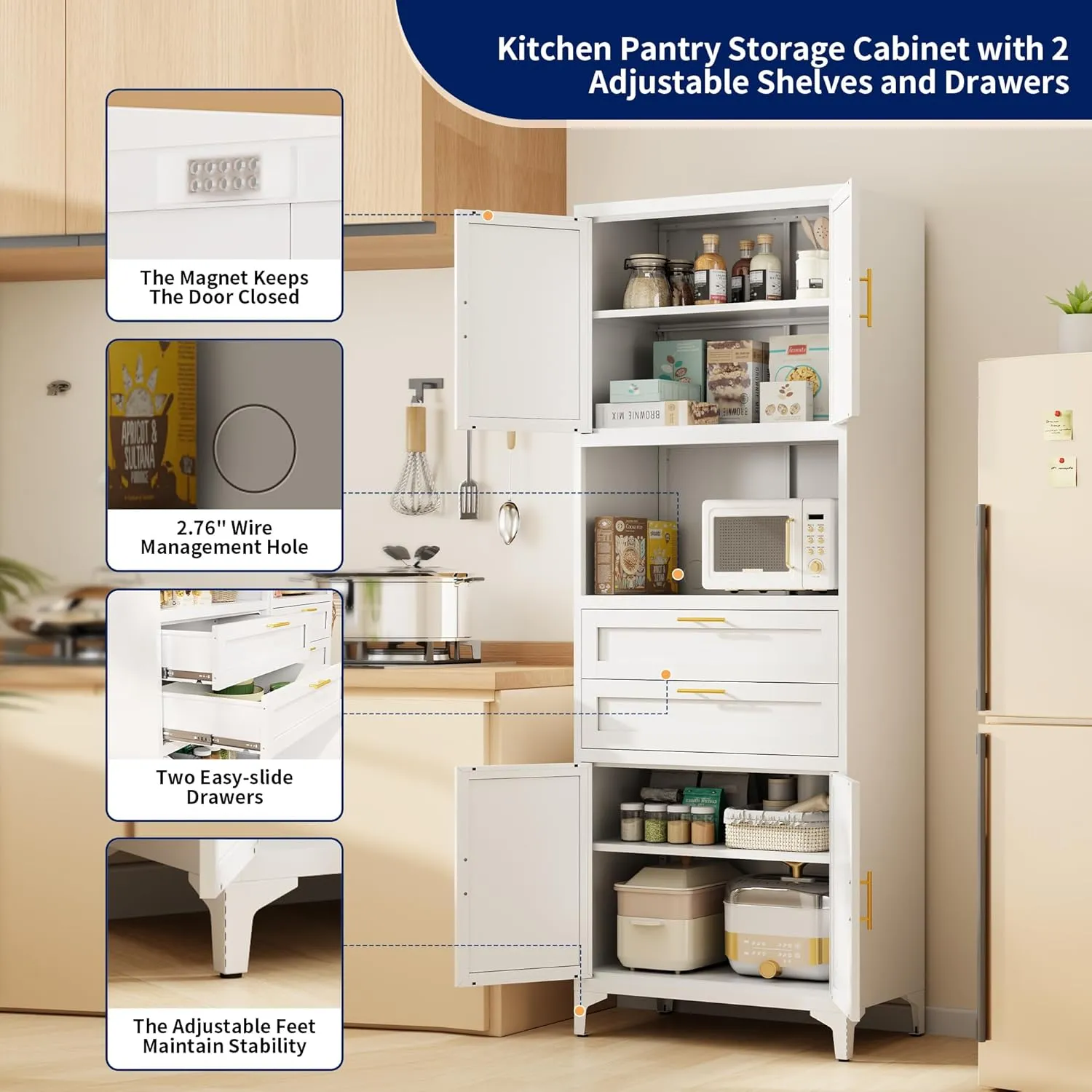 75” Tall Kitchen Pantry Storage Cabinet, Metal Storage Cabinet with 2 Drawers and Adjustable Shelves, Kitchen Pantry Cupboard, Freestanding Cupboard for Bathroom, Living Room (White)