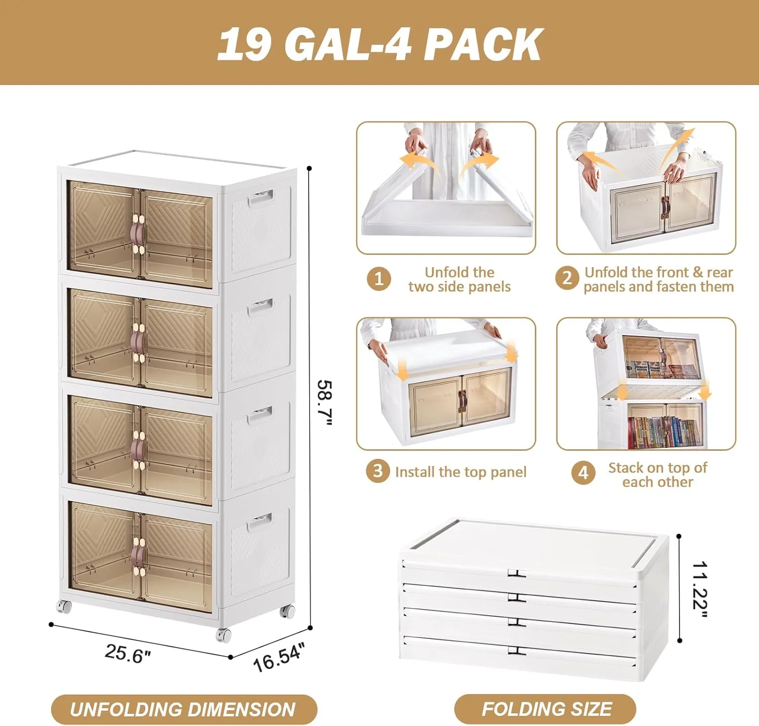 76 Gal Stackable Storage Bins with Lids and Double Doors Plastic 4 Tier Storage Box Collapsible Organizer with Wheels Large Folding Storage Containers for Home Organization 4 Pack 19gal x 4
