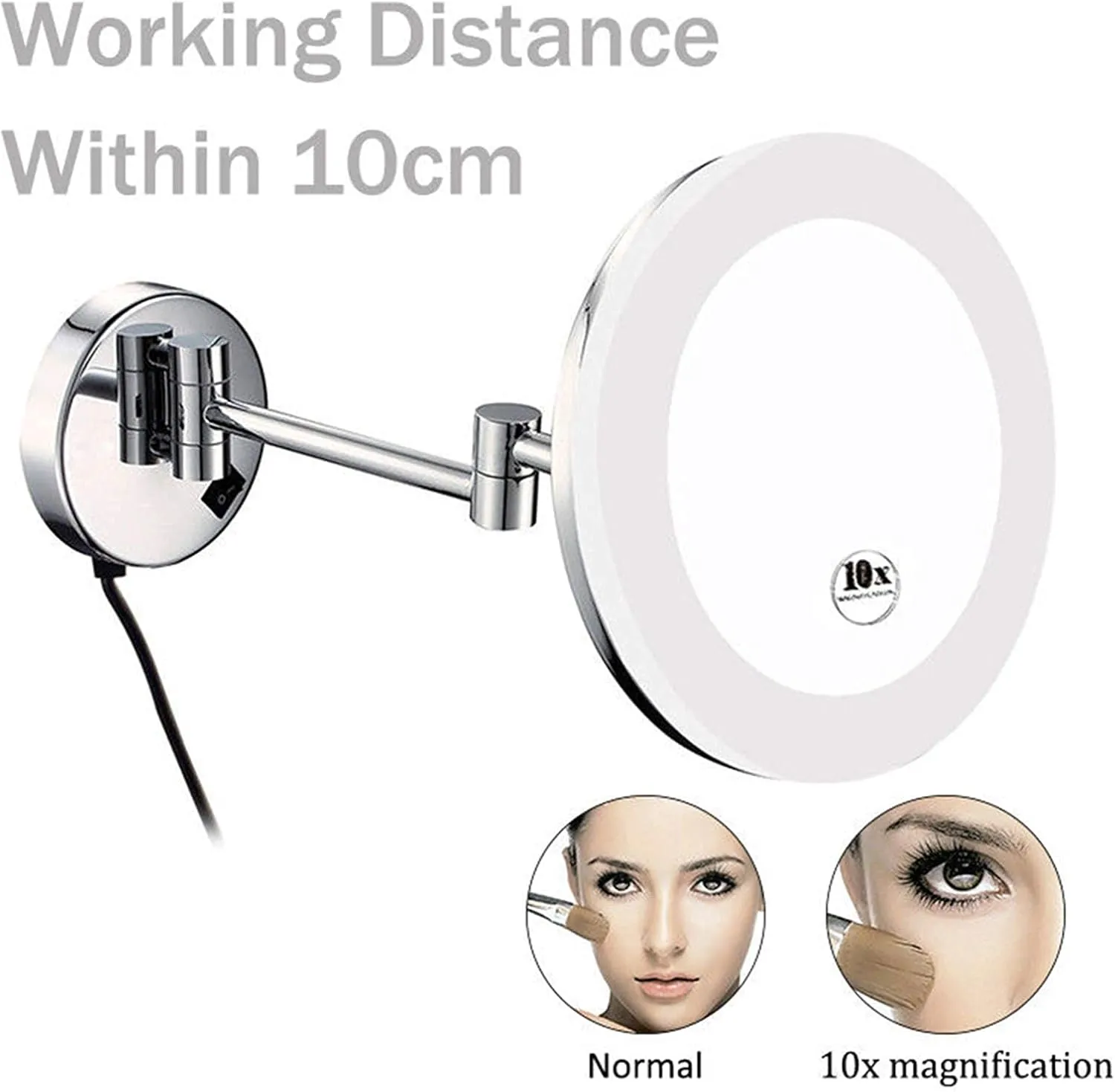 8 Inch Brass Makeup Mirror with Led Light 3X/5X/7X/10X Magnification Mirror Bathroom Chrome Extendable Wall-Mounted Vanity Shaving Mirror with Plug Switch 7X (Color : 10x)