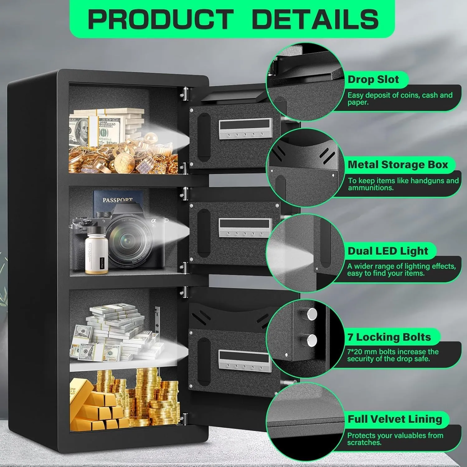 8.0 Cu ft Large Safe Box Fireproof Waterproof, Money Safe With Mute Function and LED Light, Digital KeypadHome Safes with Deposit Slot & Triple Alarm System,Security Box for Money Valuables