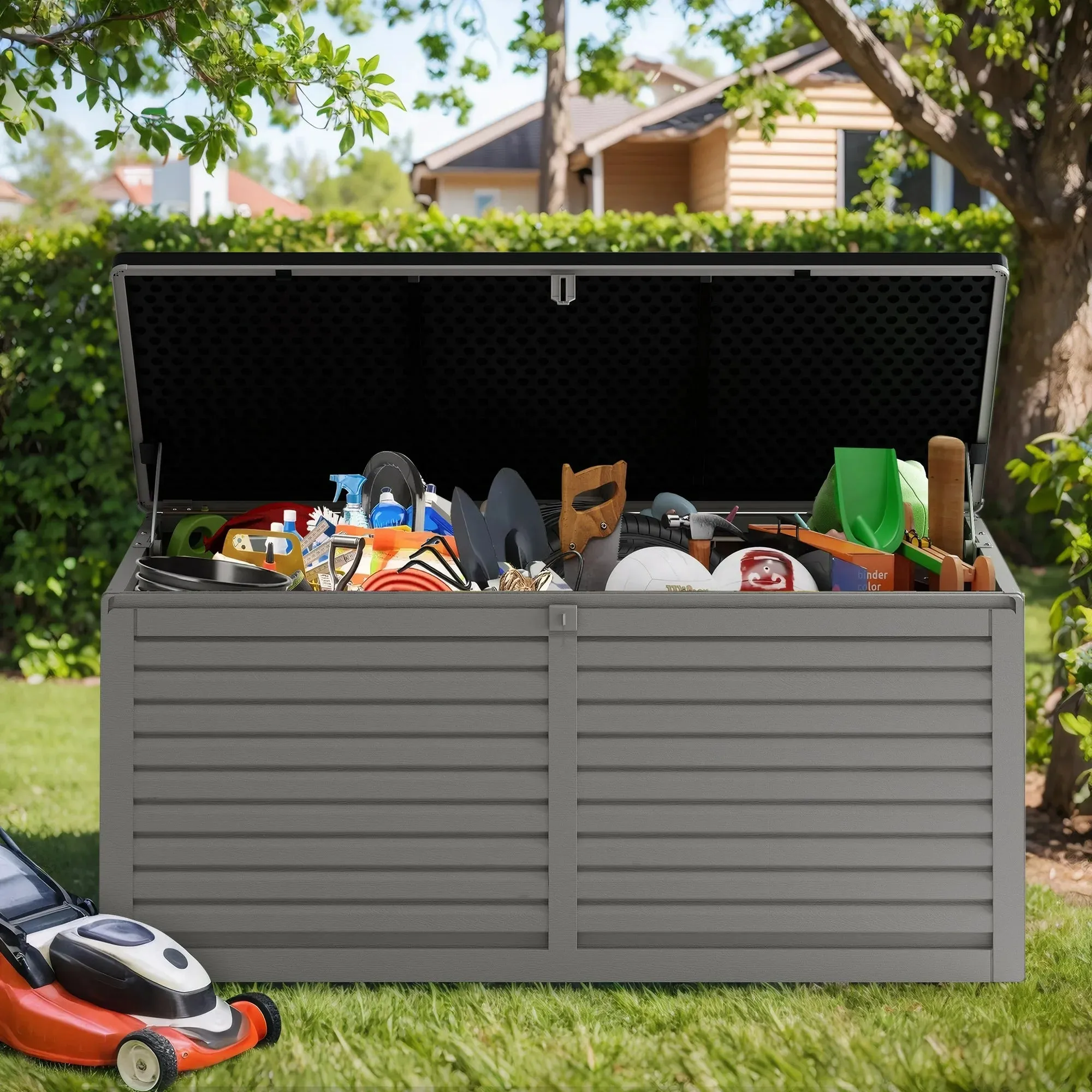 90 Gallon Resin Deck Box, Outdoor Lockable Storage Container for Patio Cushions, Garden Tools, Pool Supplies, Toys, Waterproof and UV Resistant