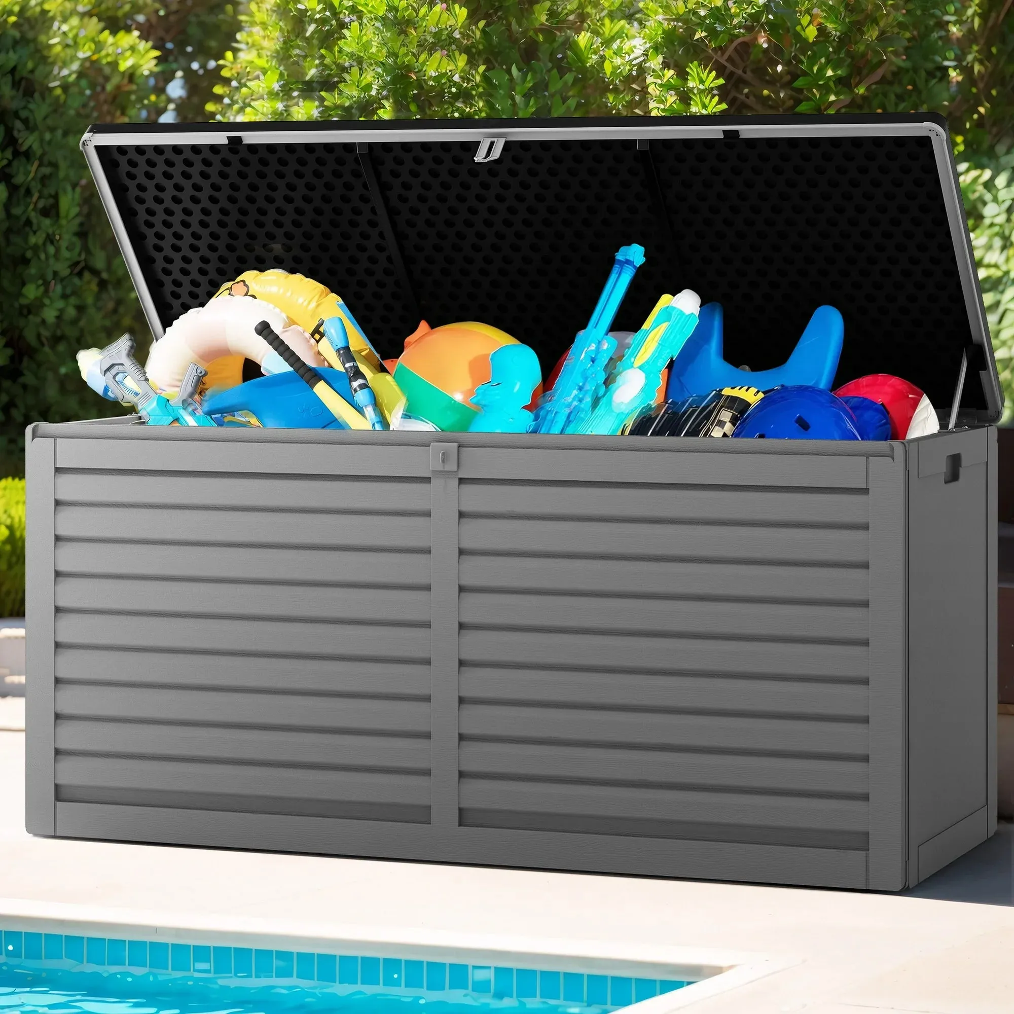 90 Gallon Resin Deck Box, Outdoor Lockable Storage Container for Patio Cushions, Garden Tools, Pool Supplies, Toys, Waterproof and UV Resistant