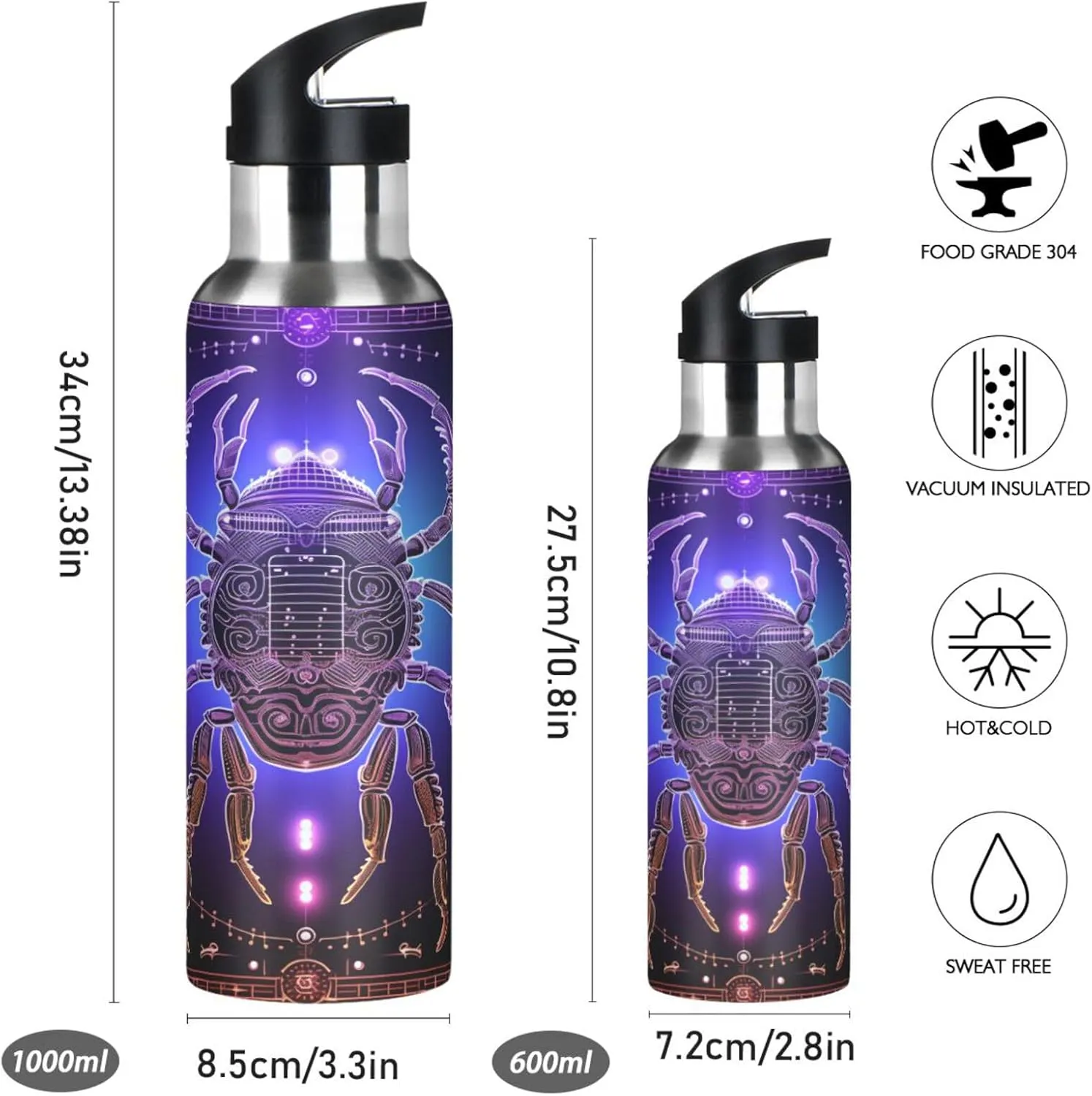 Abstract Pattern Art Sport Water Bottle Insulated Stainless Steel Large Vacuum Flask Leak Proof Thermos with Straw for Travel(600ml/1000ml)