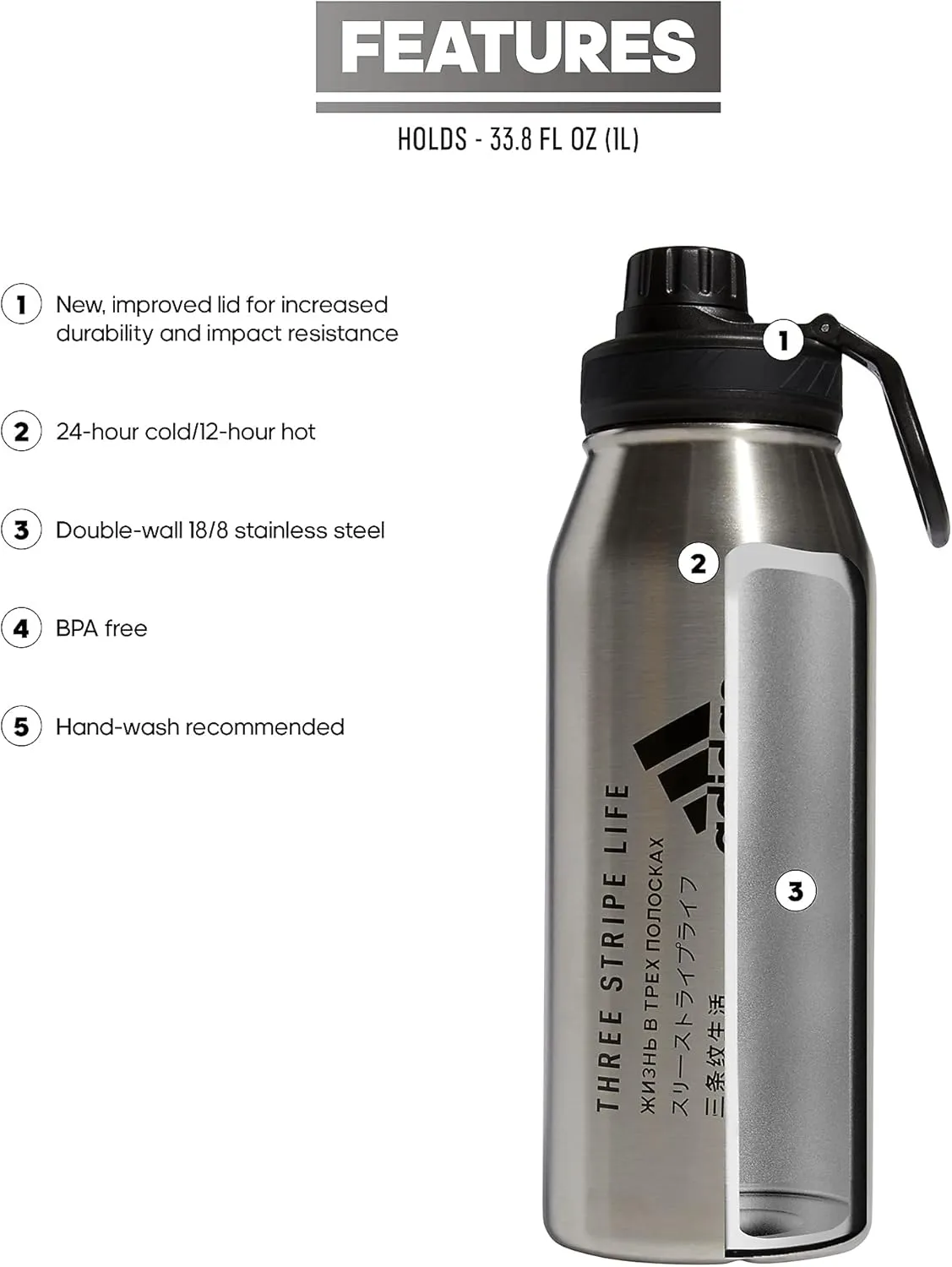 adidas 1 Liter (32 oz) Metal Water Bottle, Hot/Cold Double-Walled Insulated 18/8 Stainless Steel, Stainless Steel/Black, 32 Ounces