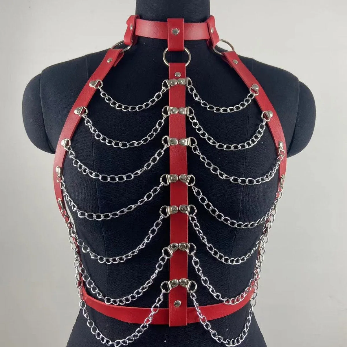 Adjustable metal chain PU leather harness