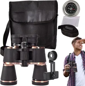 Adult Binoculars, 20x50 High-Powered Telescope with Handbag, Manual Waterproof BAK-4 Prism Binoculars with Compass and Phone Clip for Cruise, Astronomy, Sports, Hiking, and Camping