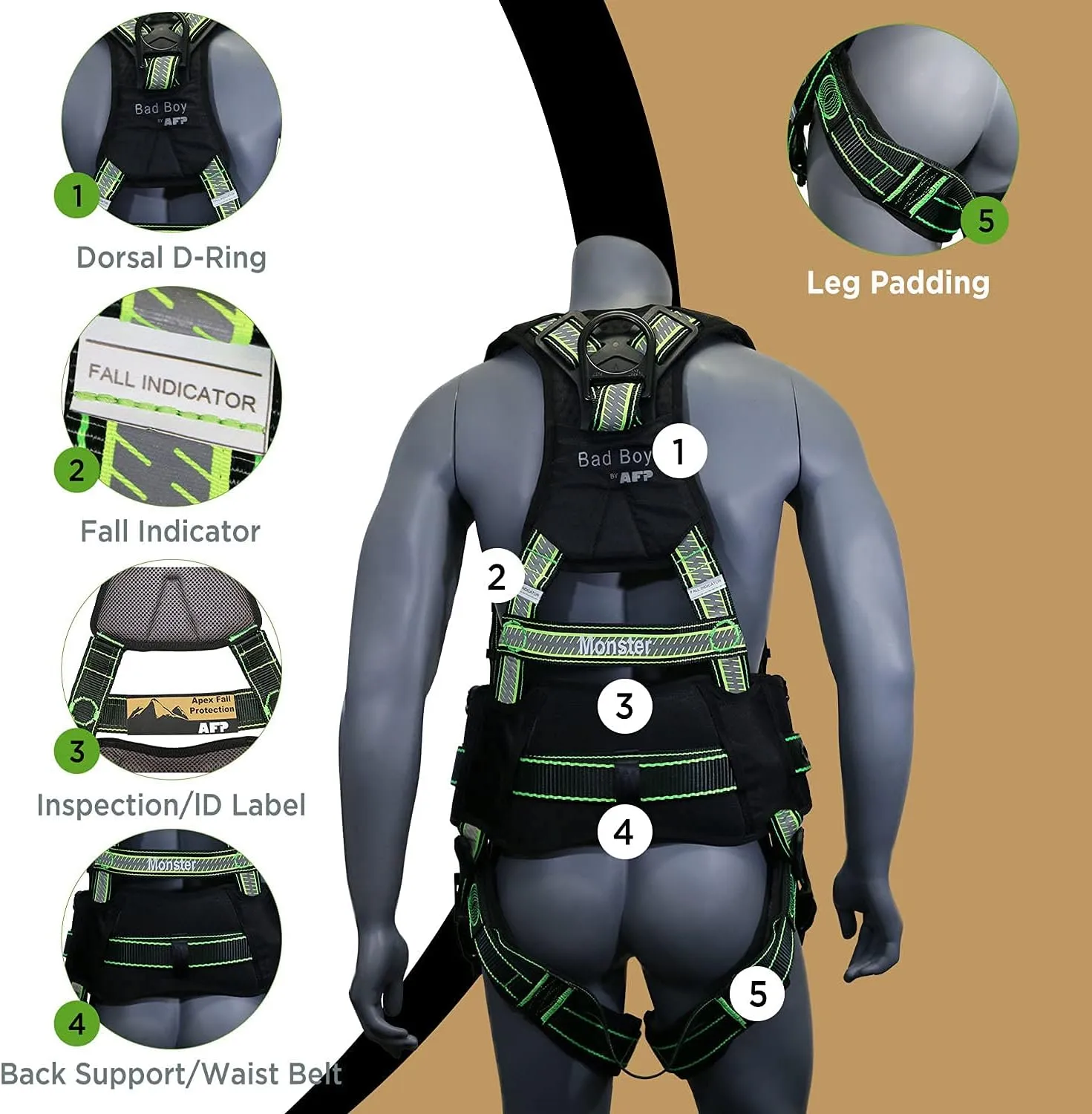 AFP Fall Protection Full-Body Premium Safety Harness, 8” Thick Support Belt, Aluminum D-Rings, Tongue Buckle (OSHA/ANSI PPE)