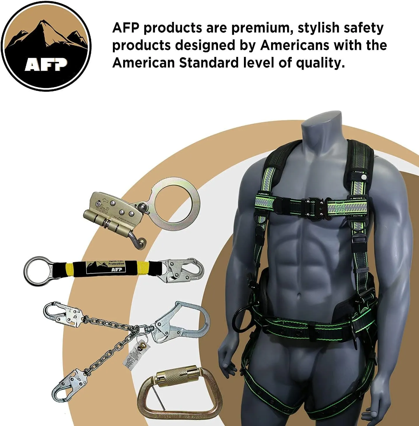 AFP Fall Protection Full-Body Premium Safety Harness, 8” Thick Support Belt, Aluminum D-Rings, Tongue Buckle (OSHA/ANSI PPE)