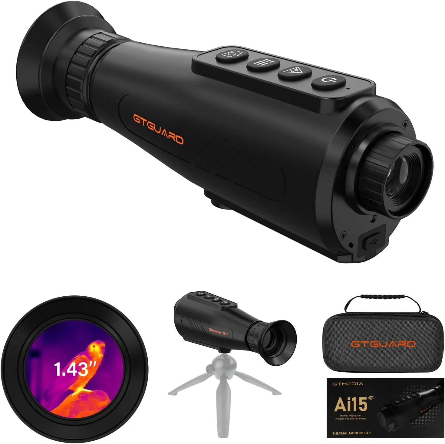 AI15 Thermal Monocular 384x288 AI Super-Resolution HD Night Vision Thermal Imaging with 1.43" AMOLED Screen, 8X Zoom，Wi-Fi Hotspot Multiple Scene Modes for Hunting Travel Outdoor Camping