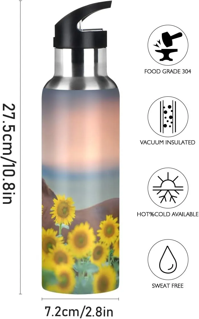 ALAZA Sunflower Horse Water Bottle with Straw Lid Kids Vacuum Insulated Stainless Steel BPA Free Water Flask Thermo Mug Sport, 20 Oz Hot Cold