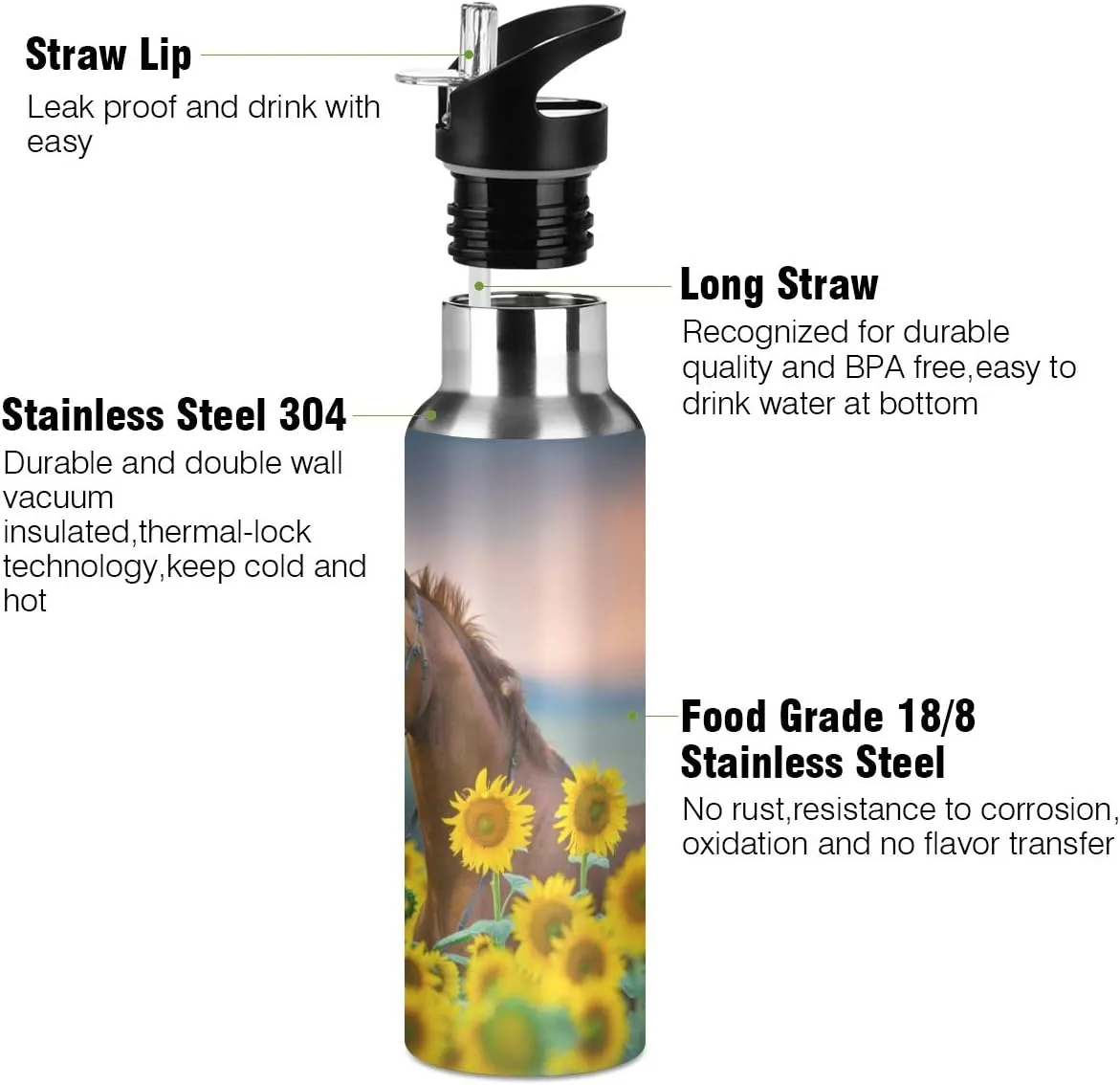 ALAZA Sunflower Horse Water Bottle with Straw Lid Kids Vacuum Insulated Stainless Steel BPA Free Water Flask Thermo Mug Sport, 20 Oz Hot Cold