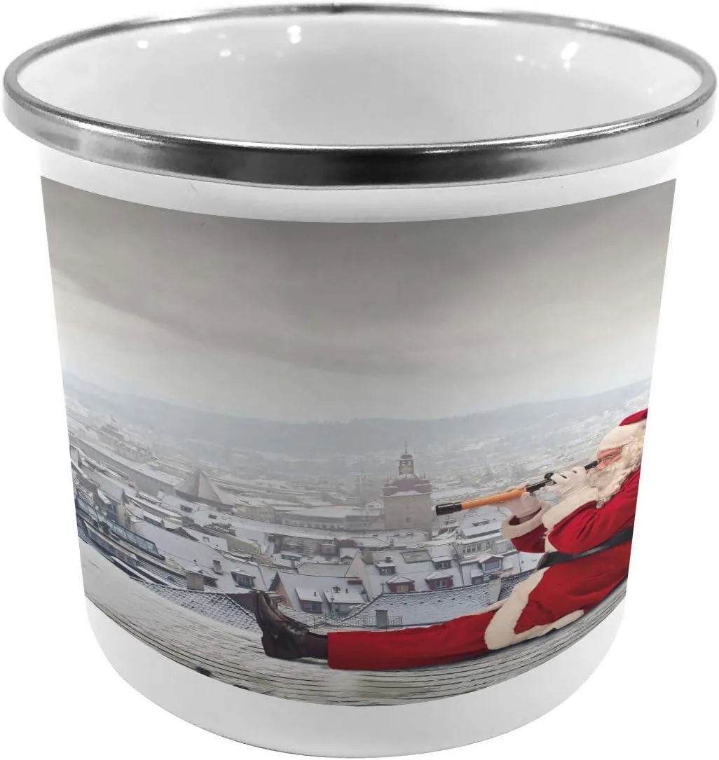 Ambesonne Christmas Metal Camping Cup, Santa Claus Sitting on Roof Top Looking Through Binoculars Cloudy Cityscape, Stainless Steel Mug for Indoor and Outdoor Activities, Red Pale Grey