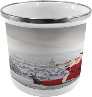 Ambesonne Christmas Metal Camping Cup, Santa Claus Sitting on Roof Top Looking Through Binoculars Cloudy Cityscape, Stainless Steel Mug for Indoor and Outdoor Activities, Red Pale Grey