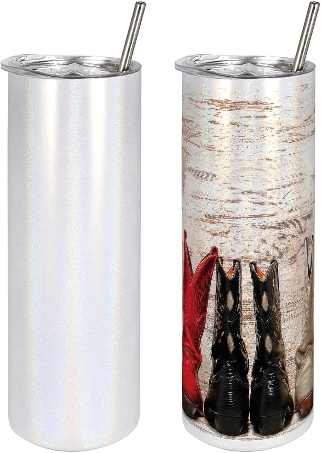 Ambesonne Western 20 Oz Skinny Tumbler, American Cowgirl Leather Boots Rustic Wild West Theme Cultural Print, Leak-Proof Straw Lid and Brush Vacuum Insulated for Outdoor Use, Beige Red Black