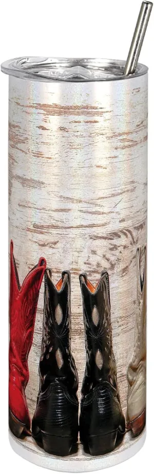 Ambesonne Western 20 Oz Skinny Tumbler, American Cowgirl Leather Boots Rustic Wild West Theme Cultural Print, Leak-Proof Straw Lid and Brush Vacuum Insulated for Outdoor Use, Beige Red Black