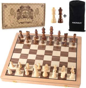 AMEROUS Magnetic Wooden Chess Set, 15 Inches Handmade Wooden Folding Travel Chess Board Game Sets with Chessmen Storage Slots for Kids and Adults, 2 Bonus Extra Queens, Gift Box Packed