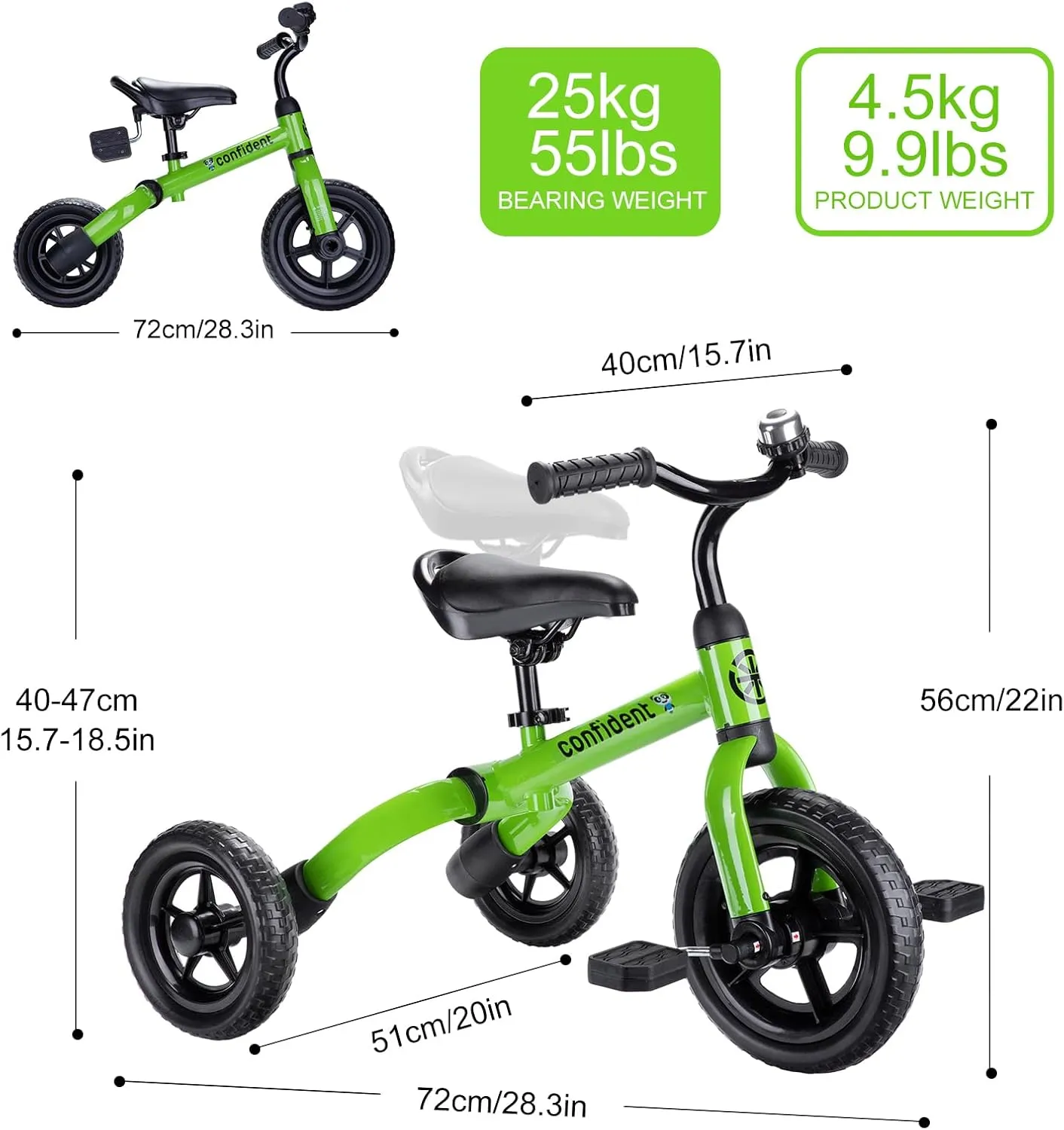 Ancaixin 3 in 1 Toddler Tricycles for 2-5 Years Old Boys and Girls with Adjustable Seat Detachable Pedal and Bell, Foldable Baby Balance Bike Riding Toys for Kids, Child Birthday Gift Green