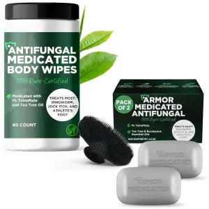Antifungal Soap Pack of 2 with Scrubber   Medicated Body Wipes | Jock Itch Treatment, Fights Ringworm & Athlete’s Foot | Tea Tree Oil 1% Tolnaftate | Deep Cleansing & Exfoliation | 40 Wipes