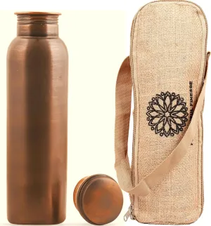 Antique Copper Water Bottle With Jute Carry bag - 34 Oz Copper Bottle For Drinking More Water Ayurvedic Copper Vessel For Yoga, Meditation, Gym, Sports, Outdoor - Pack of 1, Smooth Finish
